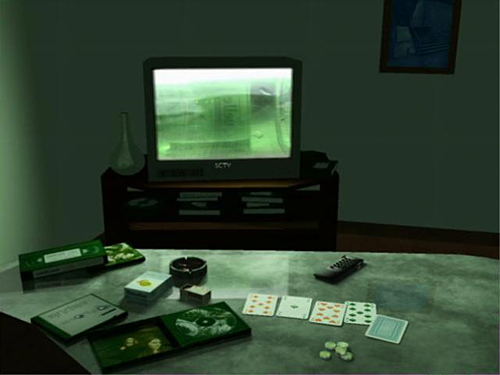 A streaming video texture used on the screen of a TV set. The video content is also used for dynamic lighting of the room.