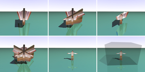 Illustration of the visual hull reconstruction algorithm. Two view cones of an actor are projected and intersected (top row). After adding a third view, the intersection tightly approximates the actor already (bottom mid). The bottom right image shows the box with the associated visual hull shader. Note, that visual cues (shadow and reflection) appear automatically.