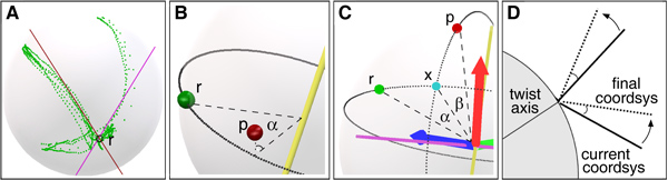 Parameterization Steps. (a) The rest position being the sample closest to the intersection of the axis planes and the joint sphere. (b) Computation of the rotation angle for a single axis. (c) Computation of the rotation angles for two axes by reduction to circle intersection. (d) Twist angle computation.