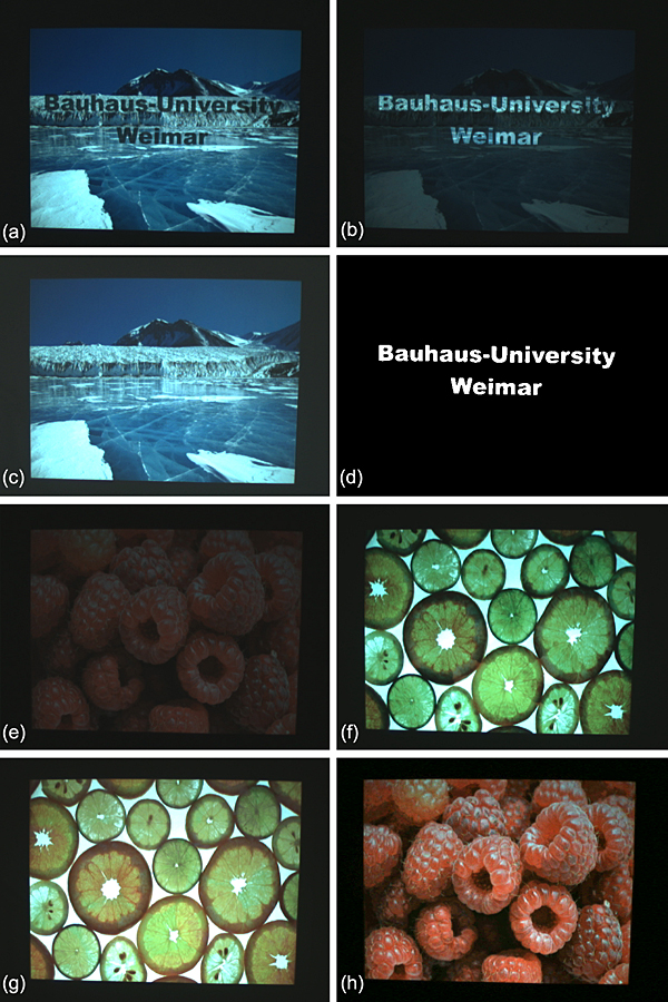 Embedded imperceptible patterns (a-d) and projected invisible light (e-h).