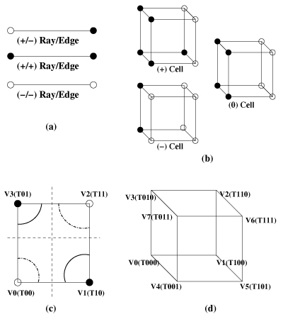 (a) Sign of ray/edge (b) Sign of cell (c) Ambiguous face with the notations used for vertices and their scalar values in bilinear interpolation. Solid contours occur when the face is separated with respect to positive sign, and dotted contours occur when with respect to negative sign (d) Notation for cell vertices for trilinear interpolation. Black and white vertices are positive and negative, respectively.