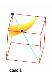 Topological configurations with no ambiguous faces: trilinear model in yellow-orange, isopoints in black, positive nodes in blue, rays in cyan.