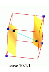 Topological configurations with two ambiguous faces: trilinear model in yellow-orange, isopoints in black, positive nodes in blue, rays in cyan.