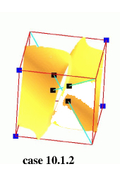 Topological configurations with two ambiguous faces: trilinear model in yellow-orange, isopoints in black, positive nodes in blue, rays in cyan.