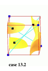 Topological configurations with six ambiguous faces: trilinear model in yellow-orange, isopoints in black, positive nodes in blue, rays in cyan.