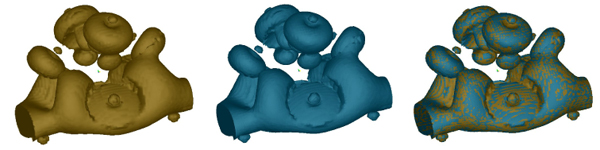 Dual contouring result (left), MC result (middle), and comparisons of both surfaces by superposition for regular datasets of size 64x64x64 of Neghip (top) and Buckyball (second), and of size 256x256x256 (rendered in 1:4) of Bonsai (third) and Skull (bottom). (Datasets available at http://www.volvis.org.)