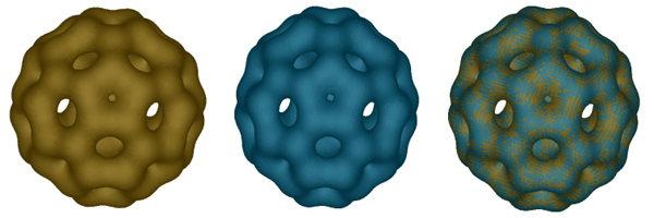 Dual contouring result (left), MC result (middle), and comparisons of both surfaces by superposition for regular datasets of size 64x64x64 of Neghip (top) and Buckyball (second), and of size 256x256x256 (rendered in 1:4) of Bonsai (third) and Skull (bottom). (Datasets available at http://www.volvis.org.)