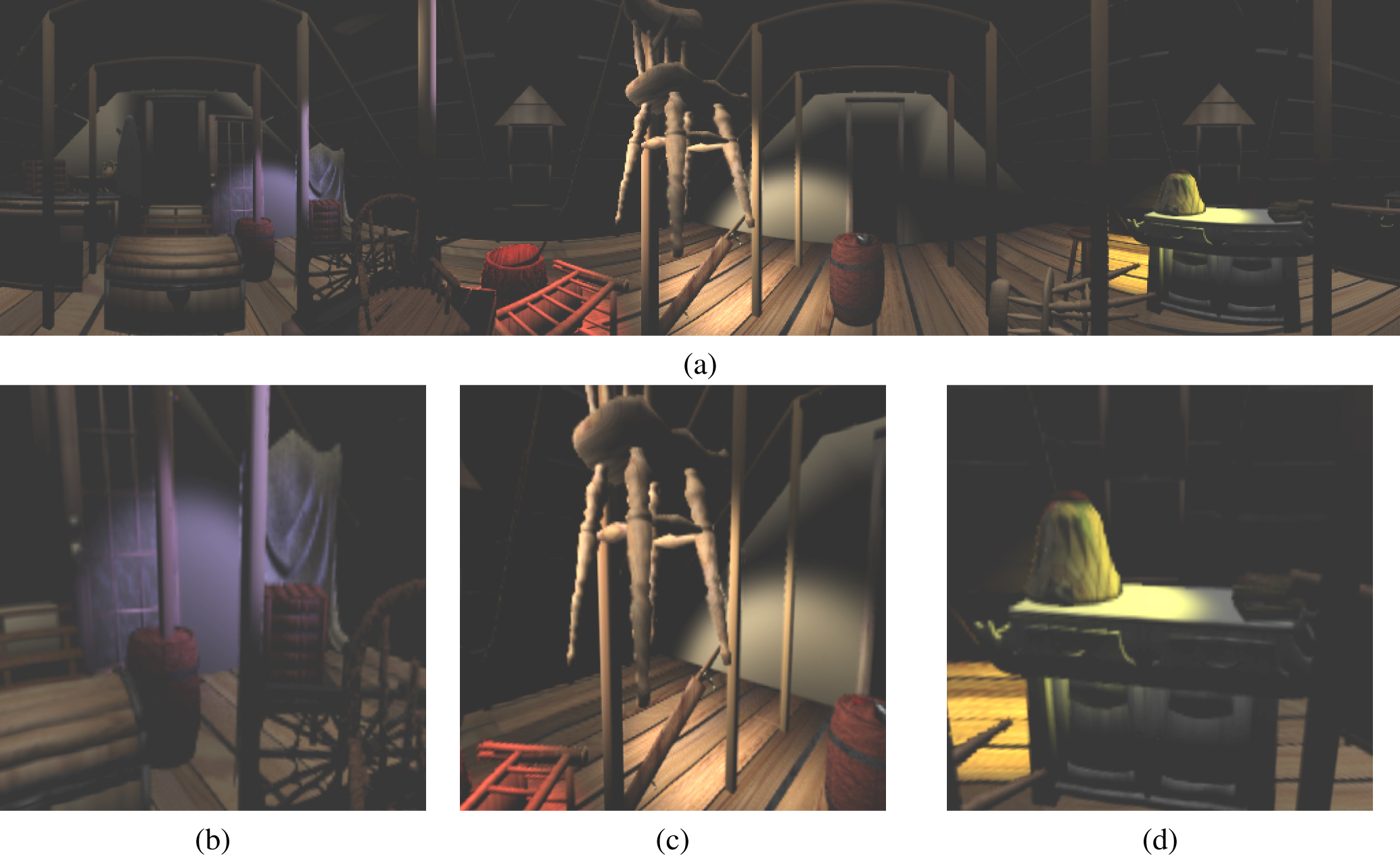 Attic relighting using conventional light sources(top) and 5 spot lights(bottom) . Original image source: Tien-Tsin Wong, Pheng-Ann Heng, and Chi-Wing Fu, Interactive relighting of panoramas, IEEE Comput. Graph. Appl. 21(2001), no. 2, 32-41. ©2001 IEEE