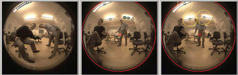 The left image shows the results of the first algorithm, which returns the n brightest pixels. Detected light positions are represented by small circles. All sampling positions are located within a single fluorescent tube. Results of the threshold sampling algorithm shows the image in the middle. A better sampling distribution is obtained here, note that we found every fluorescent tube. Detected sampling positions of the final algorithm with cache in the right image. Each fluorescent tube contains some samples. The large circles around the sampling positions represent the acceptance region for a new sample.