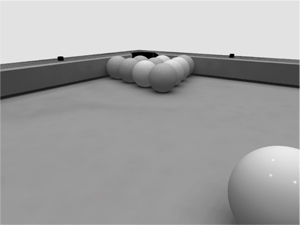 A billiard game session illustrating our algorithm for constraints management (11 balls and 77 inequality constraints).