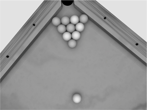 A billiard game session illustrating our algorithm for constraints management (11 balls and 77 inequality constraints).