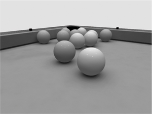 A billiard game session illustrating our algorithm for constraints management (11 balls and 77 inequality constraints).