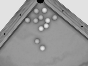 A billiard game session illustrating our algorithm for constraints management (11 balls and 77 inequality constraints).