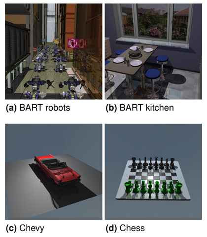 Test scene overview. (a) 162 objects, 110K triangles (b) 6 objects, 71K triangles (c) Chevy, 79 objects, 43K triangles (d) Chess, 34 objects, 46K triangles