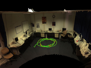 Top: Trajectory of the moving person projected to the ground plane. Points show the positions, connections the path of the person. Bottom: Background model with path and aligned virtual models.