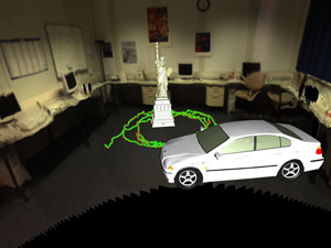 Top: Trajectory of the moving person projected to the ground plane. Points show the positions, connections the path of the person. Bottom: Background model with path and aligned virtual models.