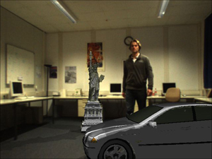 The final mixing result with the augmentation of virtual objects in the target camera, occlusion handling and shadow rendering.