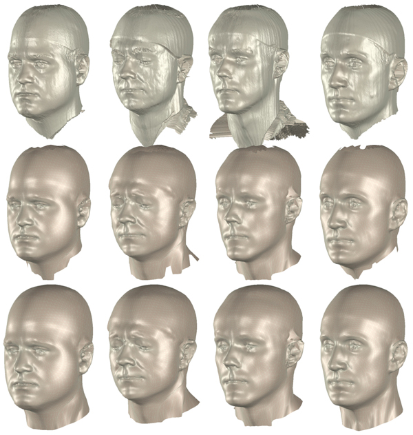 Results of the geometric registration algorithm. Top row: Original laser-scans. Middle row: Result after registration and topology transfer. Bottom row: Final result after hole-filling by offset interpolation.