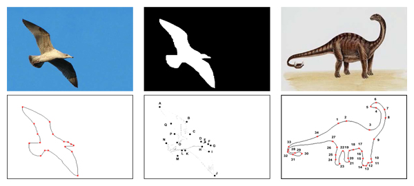 Example of automatically obtained follow-the-dot examples. In the first case we used the bird class mask obtained by CBIS and the dots were obtained by CSS corner detector on the boundary of the mask. We also added the DoG edges inside the object region to enhance the final result. In the second case, we initialized the GrabCut with a box centered in the middle of the image and made foreground/background separation. We show the original object boundary on the results for pure visualization purposes.