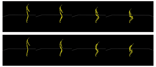 Applying the heuristic function to maintain balance during a squat movement. Top row: without the heuristic. Bottom row: with the heuristic.