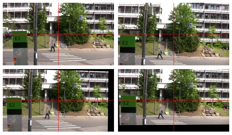 Example 4 - Original image sequence (top), result of stabilization by fixation (bottom).