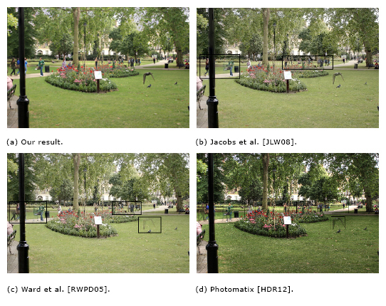 Variety of comparisons. The exposure stacks used to generate the images in the second and third example are courtesy of Gallo et al.