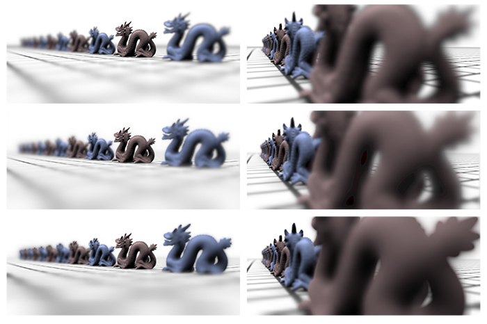 Comparison of renderings with depth of field generated by pbrt (top row), the method published by Kraus and Strengert (middle row), and the proposed method (bottom row).