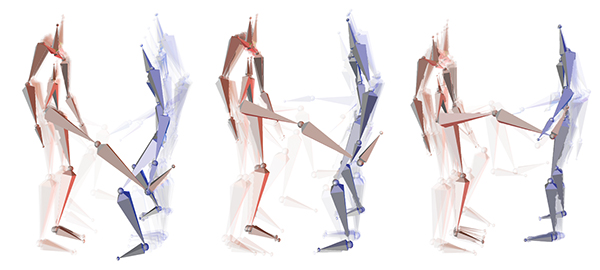 A learned interaction model is used to calculate a virtual character's defend motions (blue character) based on a user controlled avatar (red character). The kick heights on the left and right are similar to the ones obtained during training. However, the kick height in the center was not present in any recording. Nevertheless, the two-person interaction model can generate suitable motions for the defending virtual character.