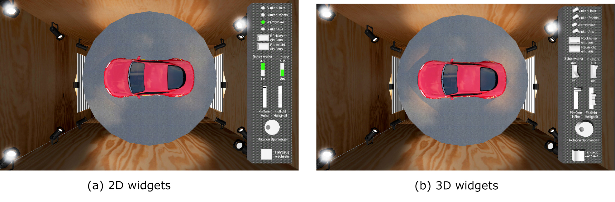 Screenshot of the prototype with 2D and 3D GUI widgets respectively displayed on the right viewport of the screen: (a) 2D widgets and (b) 3D widgets. Note that the images were slightly brightened for publication.