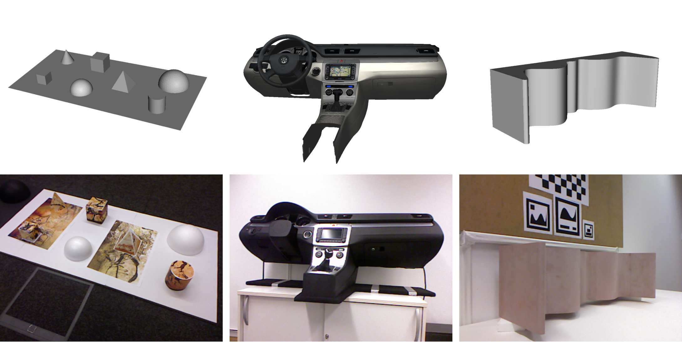 The reference CAD models used to evaluate the proposed approach. Top and bottom left: Target 1 consist of several convex objects attached to a common plane. The model is partially textured and partially plain white. Middle: Target 2 is a car's dashboard. The model differs from its real counterpart from the steering wheel, gear stick as well as the middle console. Right: Target 3 does not have geometry in vertical dimension and the ICP based approach is not fully constrained by the target.