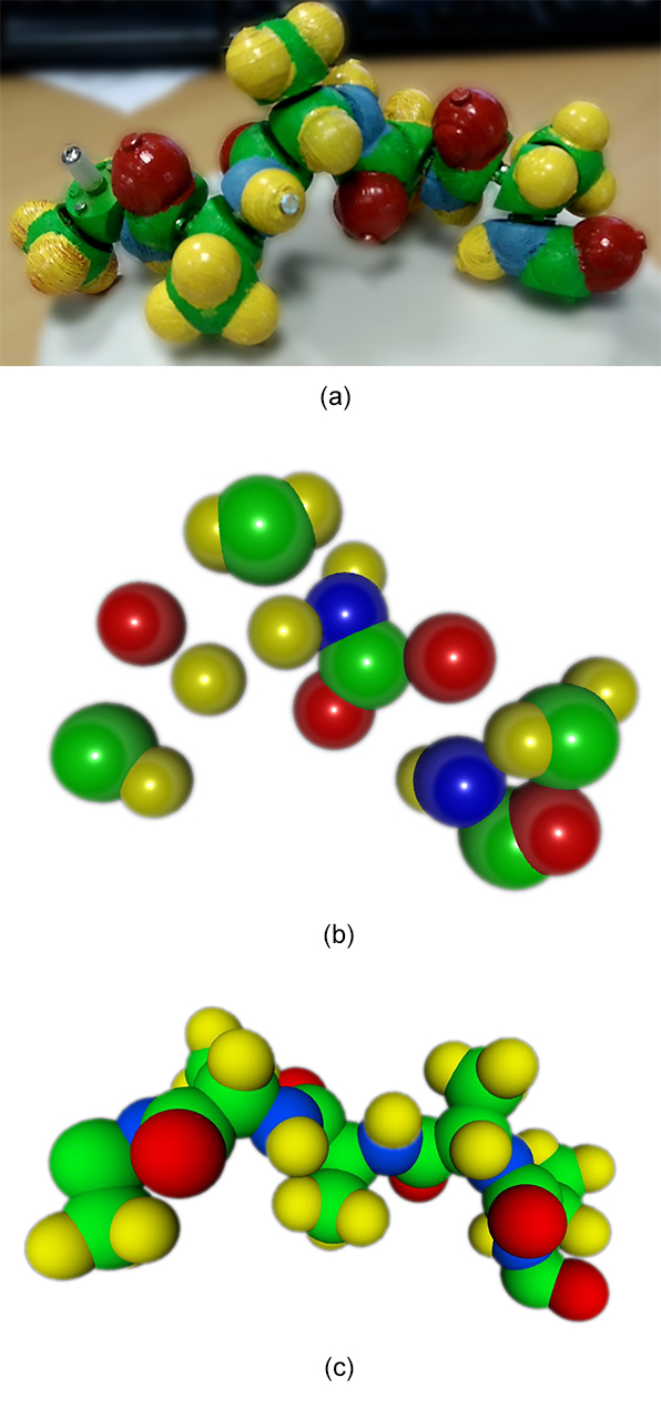 (a) Input video frame of the 5 amino acid peptide with lateral chains. (b) One output point cloud after the SFM step.(c) Full biological knowledge driven reconstruction.